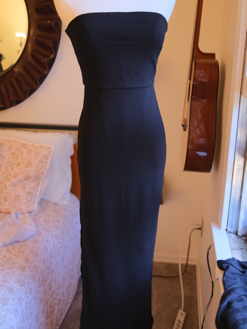 NBD Strapless Black Bodycon Midi Dress Slit Boned Bodice Size S - Picture 3 of 11